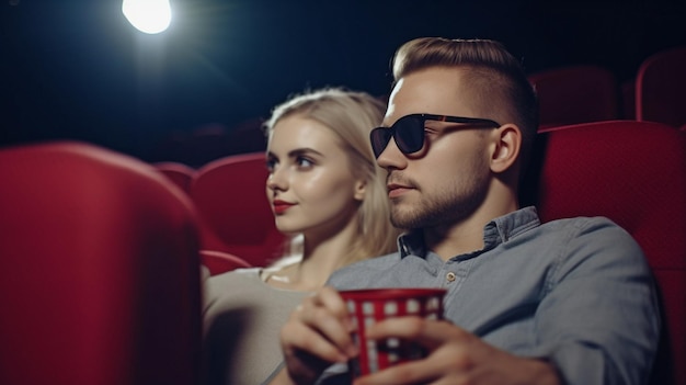 Close Generative AI with a focused couple of pals watching a movie