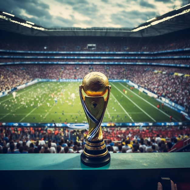 Photo close golden soccer trophy and ball in green stadium grass