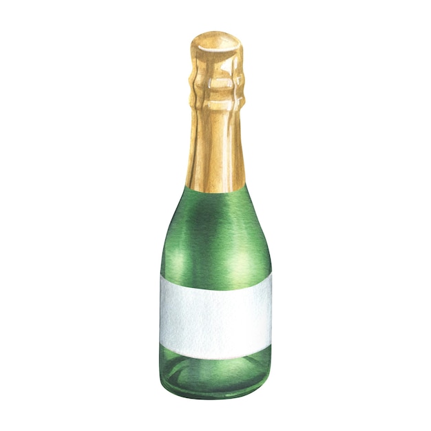 Foto una bottiglia verde stretta con champagne un involucro dorato e un'etichetta bianca vuota illustrazione acquerello disegnata a mano oggetto isolato su sfondo bianco