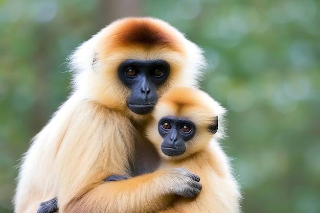 Photo close image of cheeked gibbon monkey mother with a child in the forest generative ai