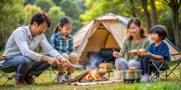 Photo a close japanese family enjoying day camping camping and barbecues at parks and campgrounds