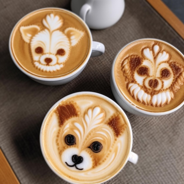 Close kop koffie met latte kat kunst in de vorm van een schattig room ontwerp