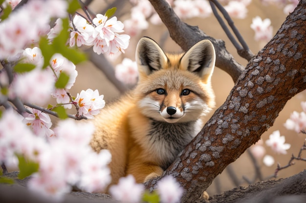 Close look of baby fox under cherry blossom tree