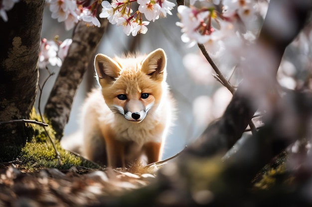 Close look of baby fox under cherry blossom tree