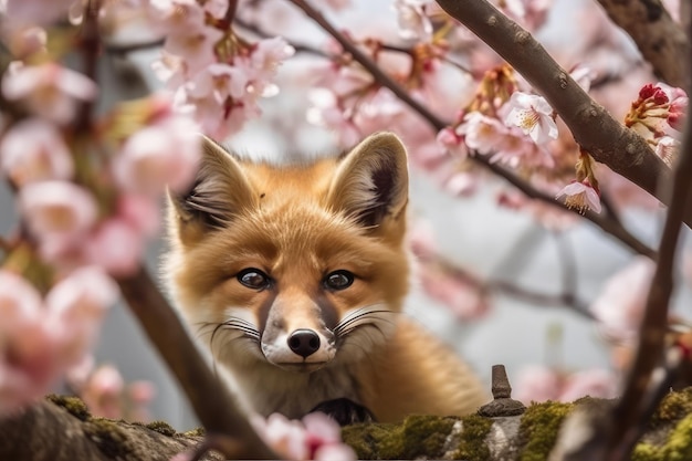 Close look of baby fox under cherry blossom tree