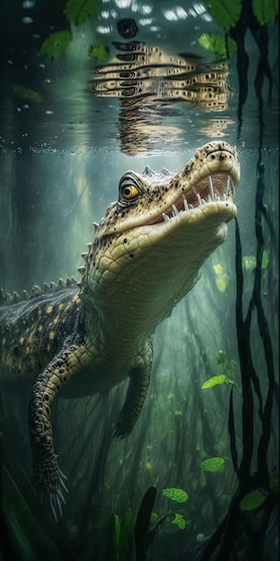 Close look of crocodile swiming in superimposed lake in jungle raining day Generated With AI