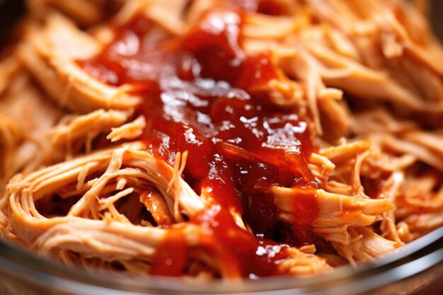 A close look at glistening bbq sauce on shredded chicken