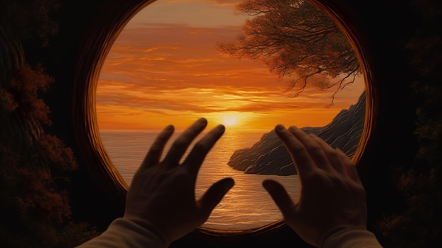 Close lookup frame hand at sunrise sea water illustration