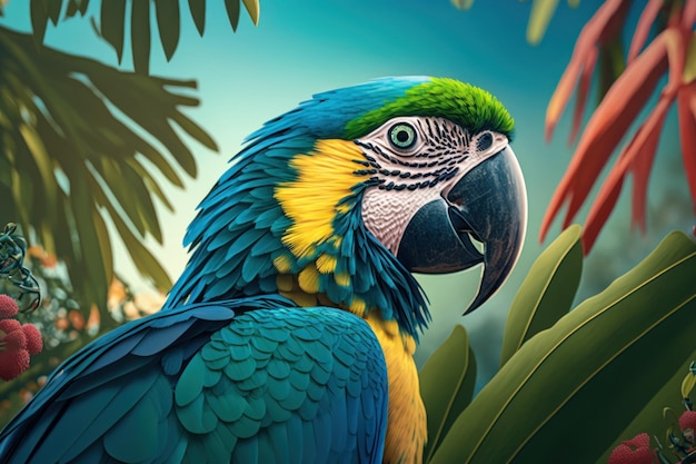 Close Parrot sit on a branch in jungle Generative AI