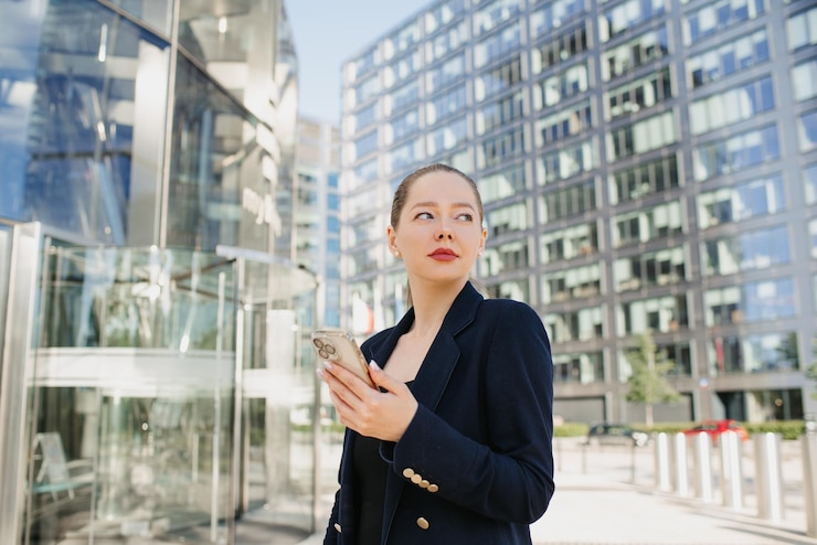 Photo 一位使用手機的女性房地產經紀人的近距離照片
