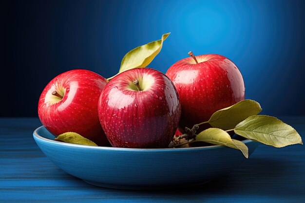 Close the photo of three fresh apples on the blue wooden plate generative ia