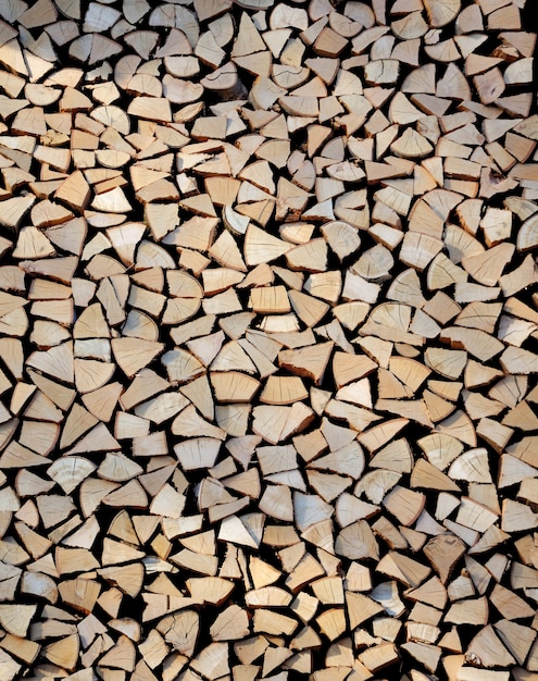 Close on pile of firewood arranged in order