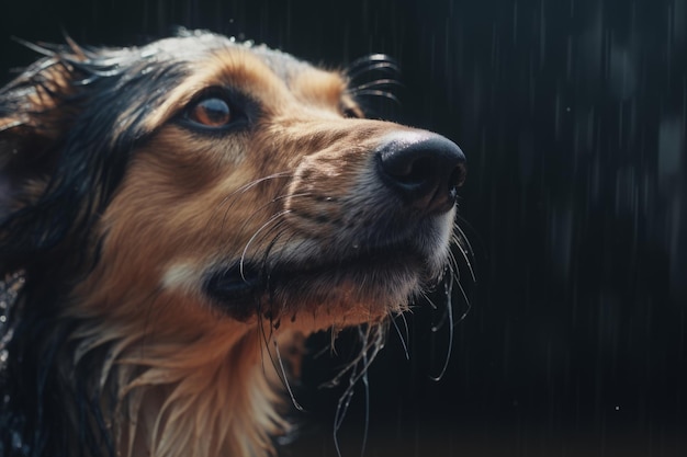 Close portrait cute intelligent wet dog with smart brown plaintive eyes thinking looking up