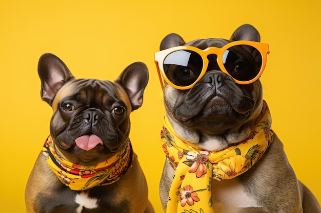 Close portrait of french bulldog dog in fashion sunglasses yellow background Generative AI