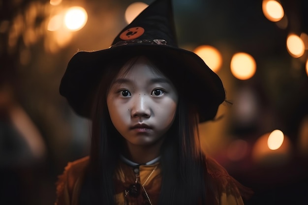 ハロウィーンパーティー用の衣装を着た若いアジア人女の子の近い肖像画