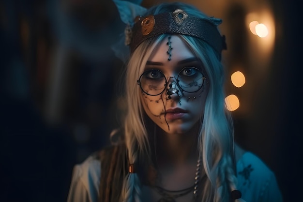 Close portrait of young caucasian girl dressed in costume for halloween party neural network