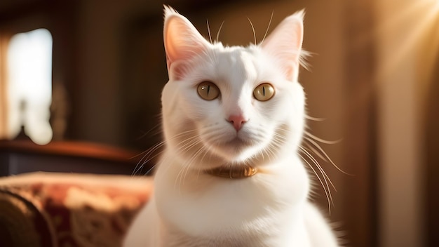 Close portret van een prachtige witte kat in een kraag thuis in de zon Warme kleuren Huisdieren brengen vreugde