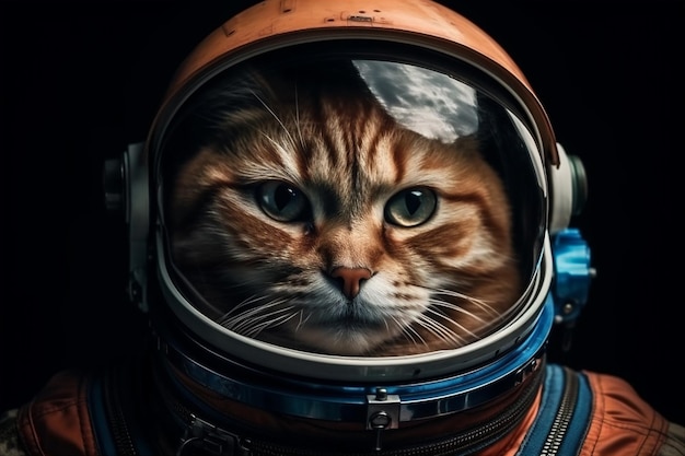 Close portret van rode kat astronaut dragen in helm AI gegenereerd