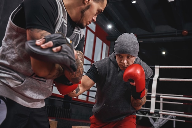 Close quarter boxing strong tattooed athlete in sports clothing training on boxing paws with partner