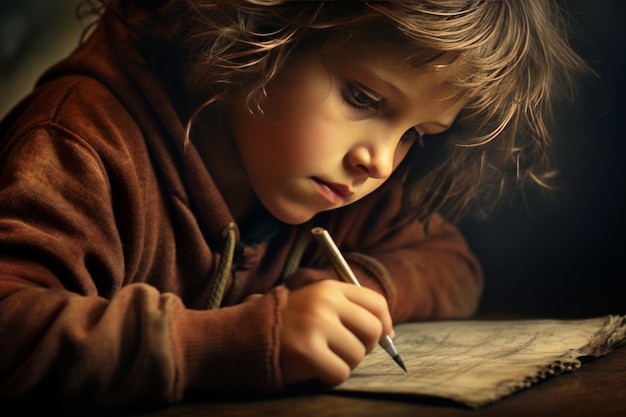 Photo at close range a captivating view of a little boy deep in thought writing with a pencil