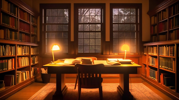 An close serene early morning view of a college library study corner bathed in the first light of dawn