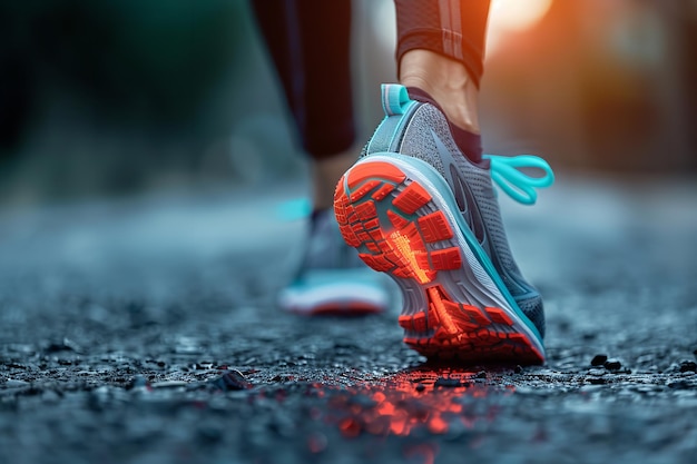 Close shot of Achilles tendon injury callus with a big blurry backdrop and clean road as surface Generative AI