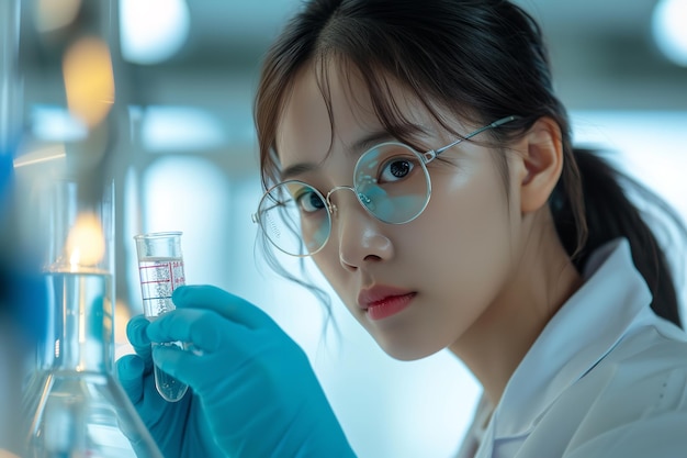 Close shot of an attractive korean woman scientist holding test tube in lab with space Generative AI