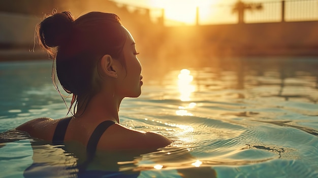 Foto scatto ravvicinato di una bellissima donna coreana in costume da bagno con un grande spazio di copia che rappresenta la stagione estiva ai generativa