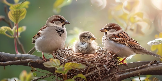 A close shot of beautiful family of sparrows on their nest with a blurry green backdrop for text or advertisement background Generative AI