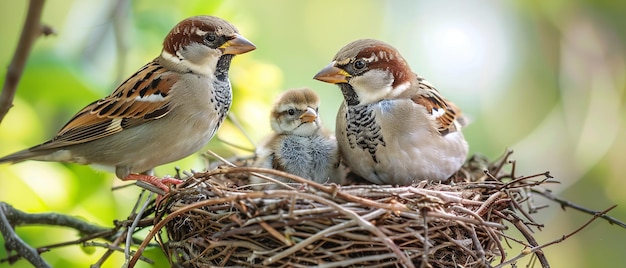 A close shot of beautiful family of sparrows on their nest with a blurry green backdrop for text or advertisement background Generative AI