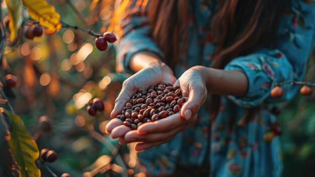 Close shot of beautiful womans hand holding coffee beans Generative AI