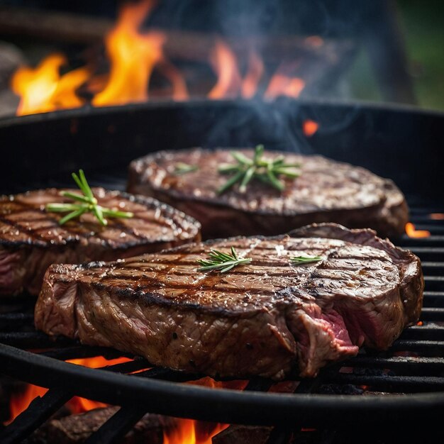 Photo close shot of beef steaks on the grill