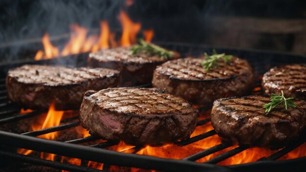 Close shot of Beef steaks on the grill