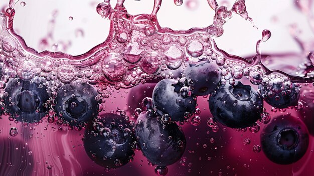 Close shot of blueberry juice with berries on it splashing and water bubbles with a big space for text or product advertisement Generative AI