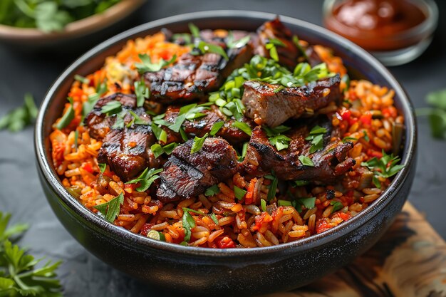 Близкий снимок миски с ярким рисом jollof на чистой поверхности с большим пространством для текста или рекламы продукта Генеративный ИИ