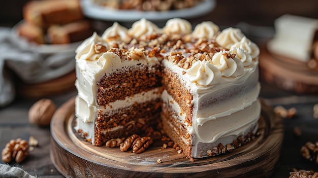 Close shot of a carrot cake decorated with peanuts and a clean plate kept on a wooden backdrop Generative AI