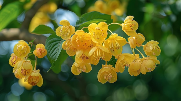 Photo close shot of cassia fistula flower hanging on tree with a clean dark green backdrop for text or product advertisement generative ai