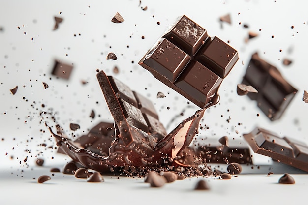 Close shot of chocolate pieces flying and Turing into liquid chocolates with clean white backdrop and big space for text Generative AI