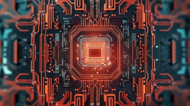 Close shot of a circuit board with Red threads details