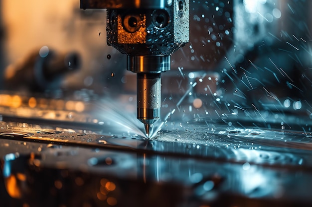 Close shot of CNC machine for metal working with a big empty space and a dark detailed backdrop Generative AI