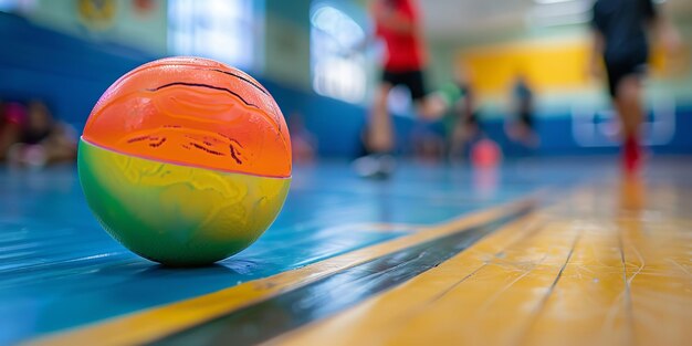 Photo close shot of colorful dodge ball kept on a clean surface with kids playing in blurry backdrop with a big space for text or product advertisement generative ai