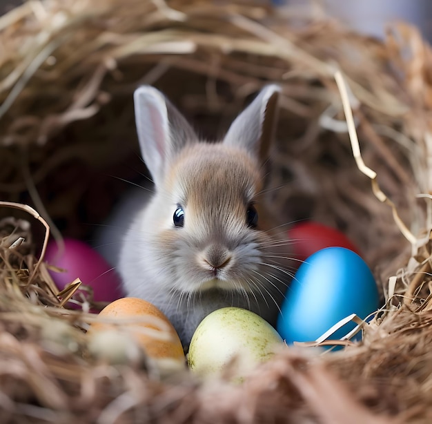 A close shot of a cute Easter baby bunny sitting in a nest of colored eggs on a pastel background