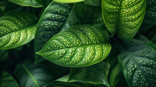 Photo close shot of dieffenbachia leaves as backdrop with vibrant green color and big space for text or advertisement backdrop generative ai