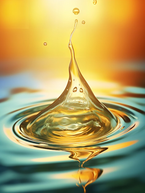 Close shot of a drop oil on a yellow background with splashing Generative AI