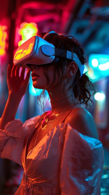 Близкий снимок европейской женщины, смотрящей VR-коробку в неоновом свете с потеющим телом