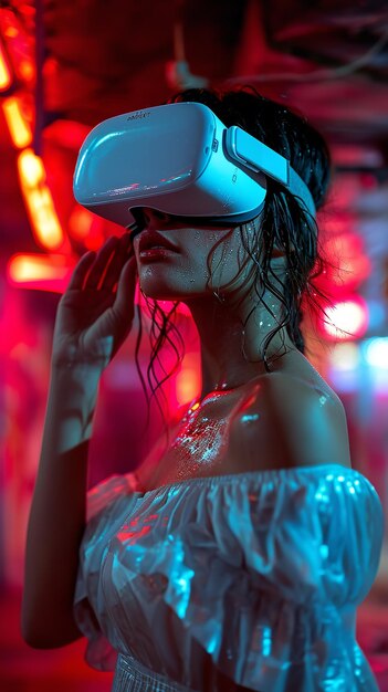 Close shot of an European woman watching VR box in neon light with sweating body Generative AI