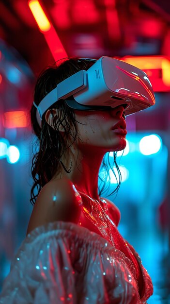Близкий снимок европейской женщины, смотрящей VR-коробку в неоновом свете с потеющим телом