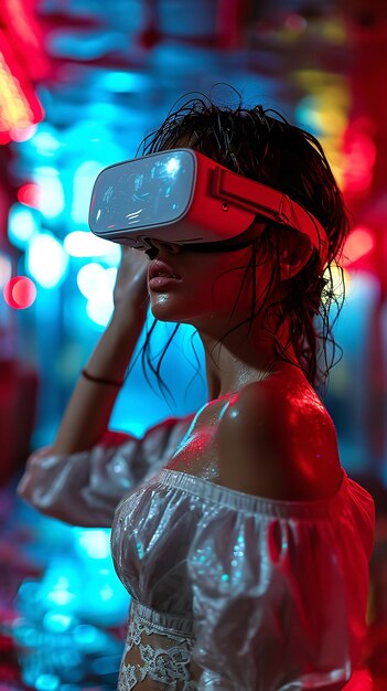 Close shot of an European woman watching VR box in neon light with sweating body Generative AI