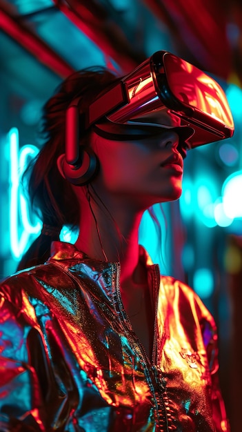 Photo close shot of an european woman watching vr box in neon light with sweating body generative ai