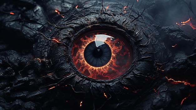 Photo close shot of a eye with fire flames inside it generative ai